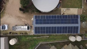 Aerial view of a 17.1kW solar system on a shed roof installed by LAMM Solar + Electrical at Macclesfield, South Australia