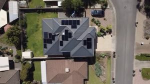 Aerial view of a 10.29kW solar system installed by LAMM Solar + Electrical at Woodcroft, South Australia